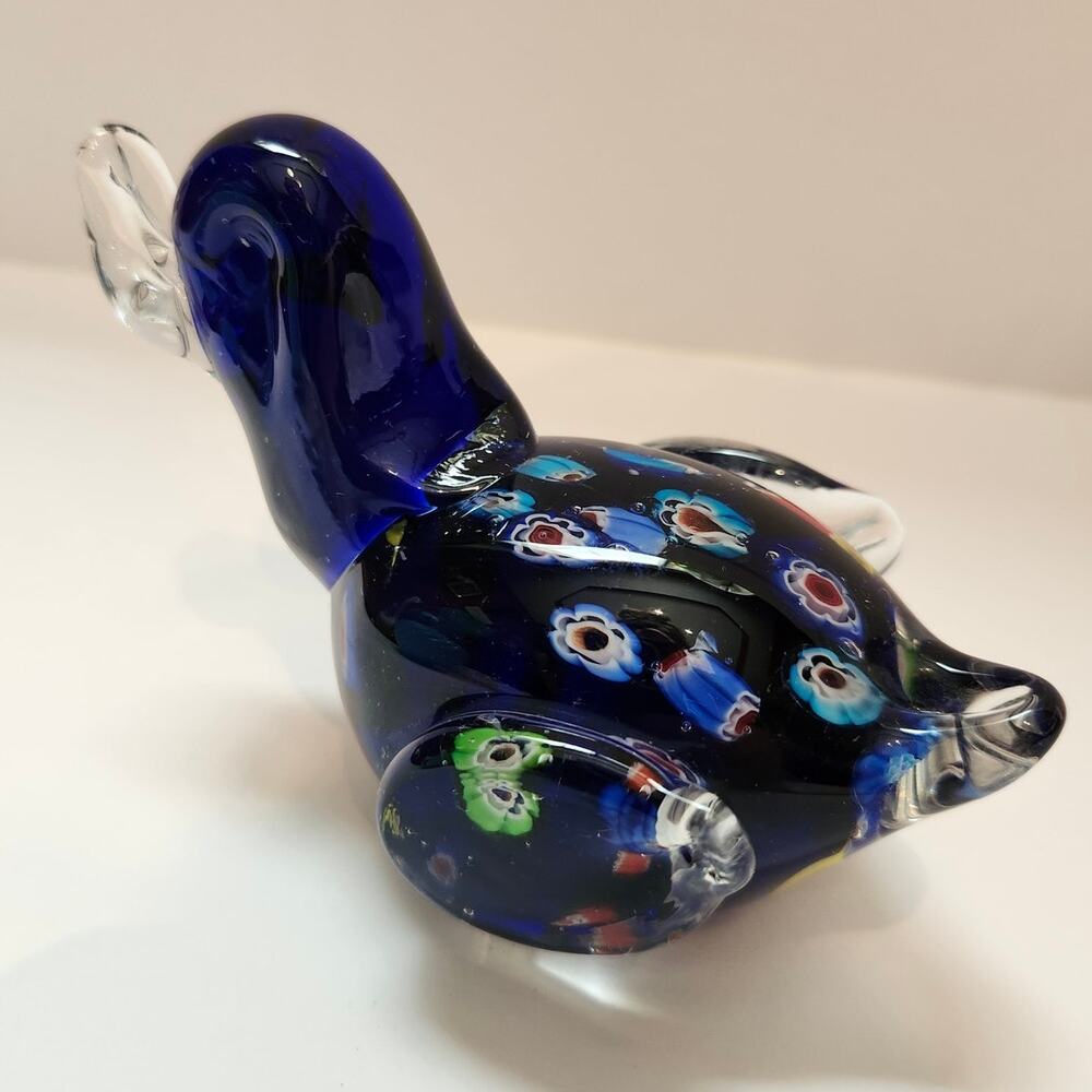 Cobalt Blue Multicolor Murano Art Glass Duck Paperweight